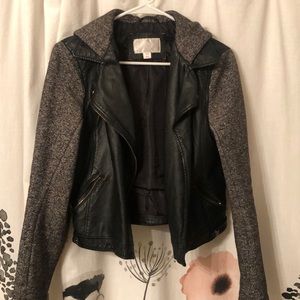 Black and grey faux leather and hoodie, jacket